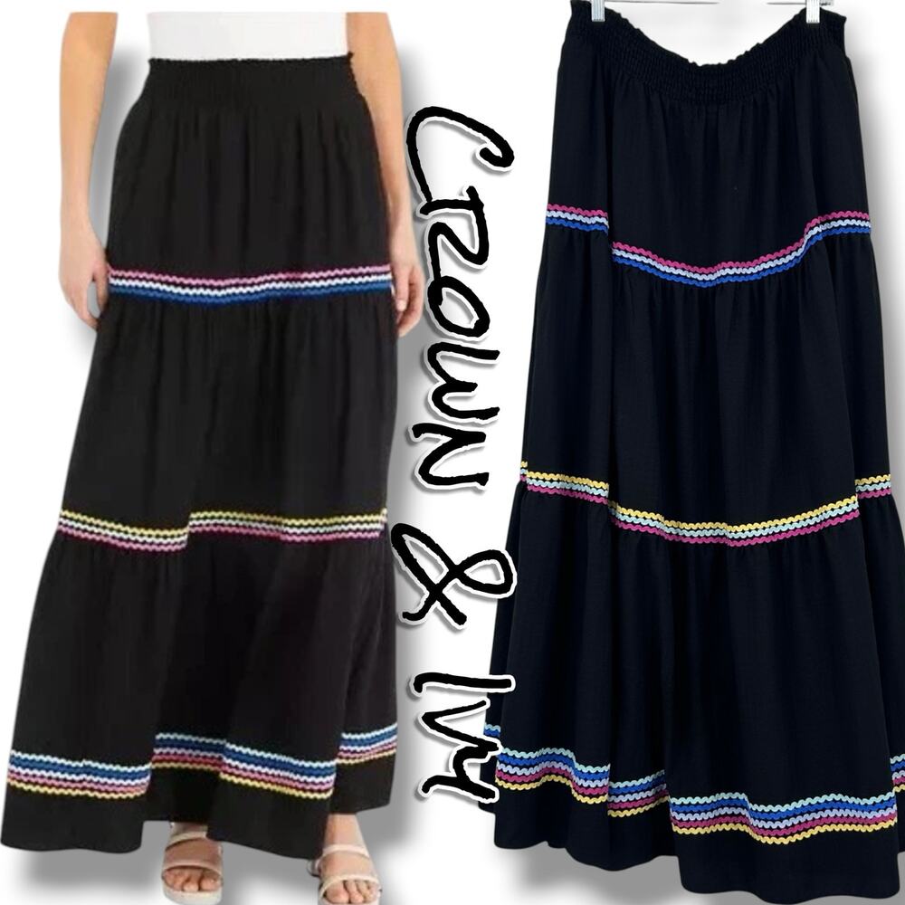 Crown & Ivy XL Black Rainbow Ric Rac Tiered Maxi Skirt Pull On Boho Lined Multi